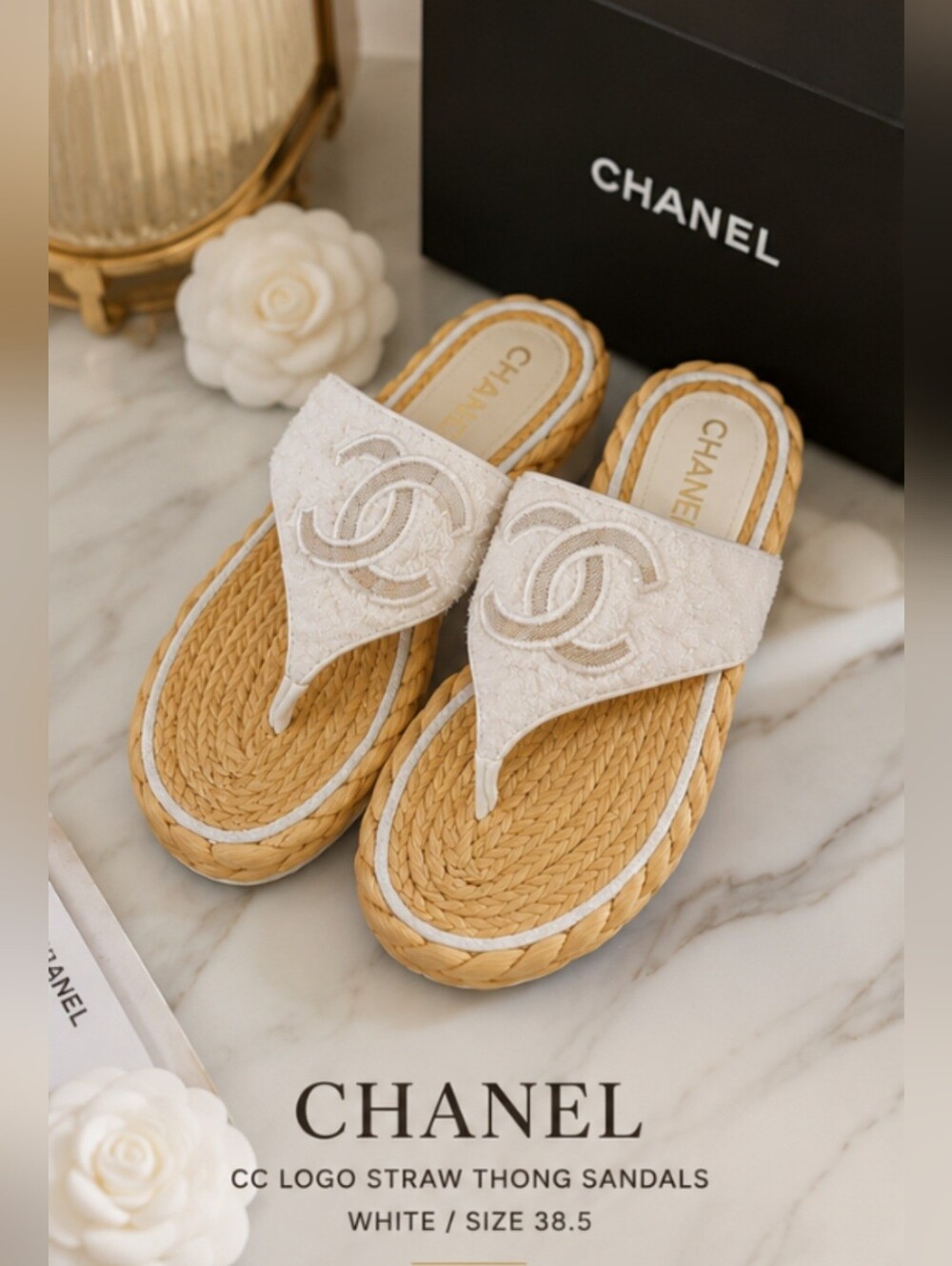CHANEL CC Logo Straw Thong Sandals- White/38.5